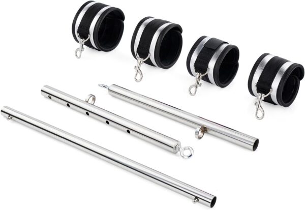 Spreader Bar Heavy Duty Stainless Steel Expandable Black Bar Home Gym with 4pcs Furry Purple Adjustable Strap,Sports Aid Training Fitness Gear Pilates Aid Kit,Yoga Set (Silver+Silver PU Kit)