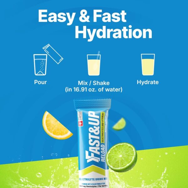 FAST&UP Reload – Lemon & Lime - Refreshing Electrolyte Drink Mix | Hydration Powder Packets | 1500 mg Electrolytes + Vitamins C & B12 | Easy to Open Single Serving Pack | 15 Servings