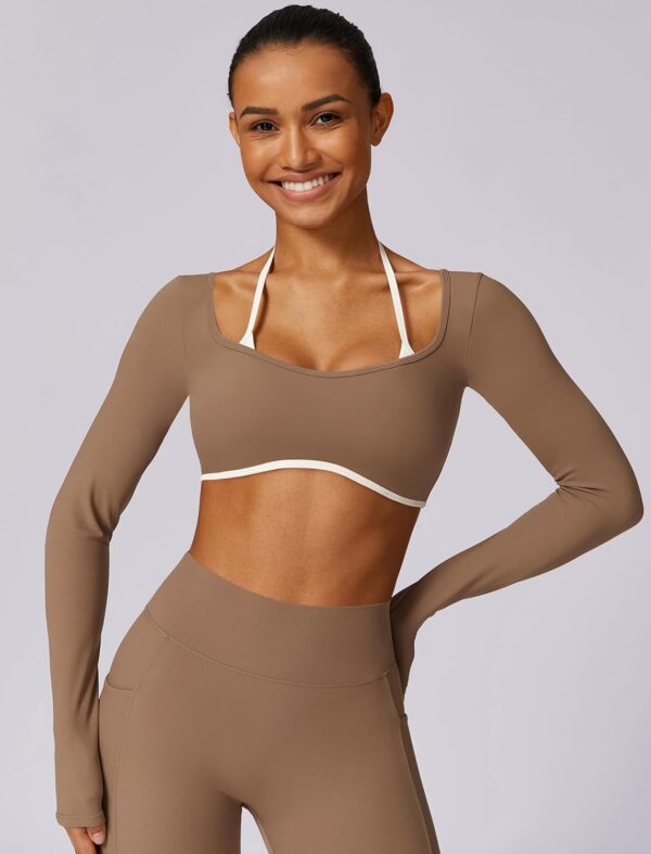 ABOCIW Womens Workout Crop Top Halter Long Sleeve Sports Bra Low Medium Impact Yoga Top T Shirts with Built in Bra