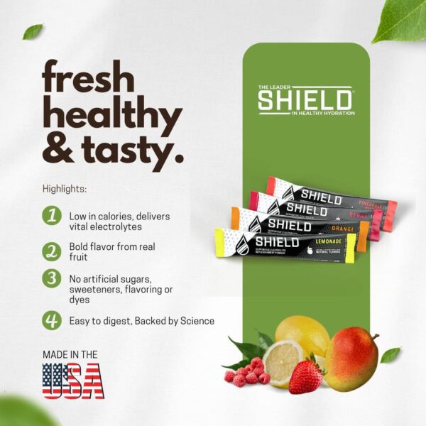 SHIELD 32ct ALL NATURAL Low Cal Electrolyte Healthy Hydration Multiplier Powder Packets, Eco-Friendly Pouch, Water Booster Drink Mix for Rapid Dehydration Relief and prevention, Vegan, Non-GMO