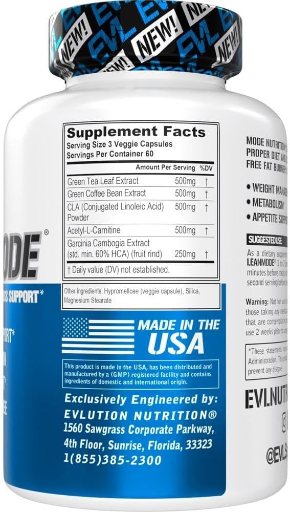EVL Weight Loss Support Pills - Premium Multipurpose Appetite Metabolism and Fat Loss Support for Men and Women - LeanMode with Green Coffee Bean Extract CLA and Garcinia Cambogia - 60 Servings