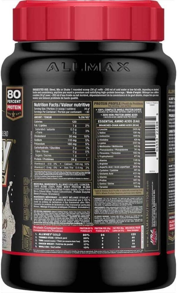 ALLMAX Nutrition Gold ALLWHEY, Cookies & Cream - 2 lb - 24 Grams of Protein Per Scoop - Gluten Free, Low Carb & Low Sugar - Approx. 30 Servings