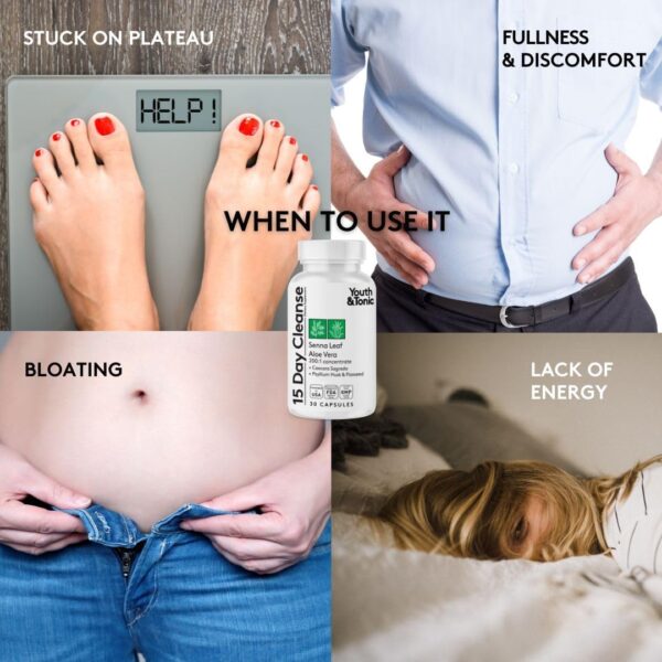 Youth & Tonic Jumpstart Cleanse – Water Weight Away Pills & 15 Day Colon Detox & Gut Cleanser for Bloating, Energy, and Metabolism Support – Aids in Shedding Excess Fluids for a Lighter Body – 90 Caps