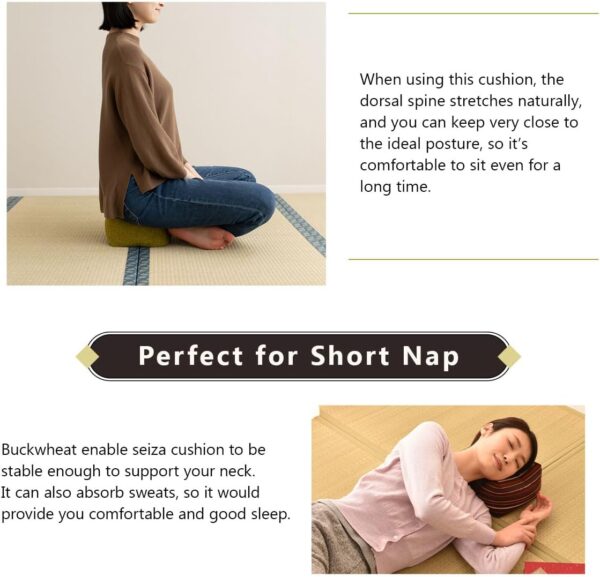 EMOOR Japanese Buckwheat Hulls Seiza Cushion Large 10x10x7in Made in Japan (Hemp-Leaves Blue), Natural Buckwheat Husks Sobagara Floor Sitting Pillow Tatami Cool Nap Side Sleepers