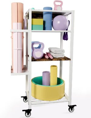 Yoga Mat Storage Rack with Wheels, 3 Tier Home Gym Workout Equipment Organizer for Dumbbells, Kettlebells, Foam Rollers