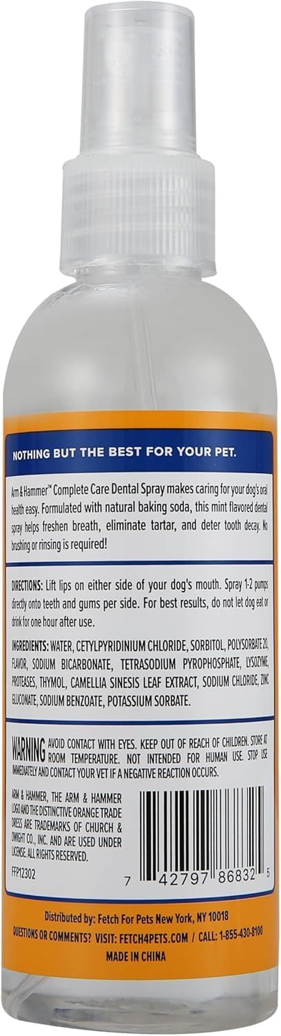 Arm & Hammer Complete Care Dog Dental Spray | Mint Flavor Dog Dental Spray for Easy Brushless Cleaning | Baking Soda Enhanced Formula for Fresh Breath and Tartar Control, 6 Fl Oz - 2 Pack