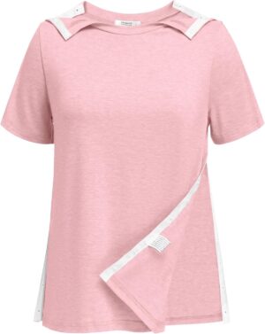 Deyeek Post Shoulder Surgery Shirts for Women Tear Away Side Snap Chemo Port Shirts Short Sleeve Adaptive Clothing