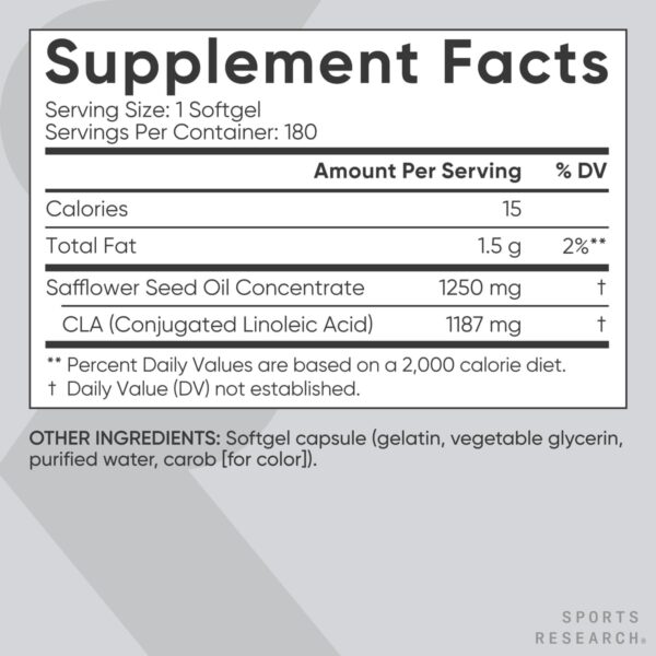Sports Research CLA - 1250mg with Active Conjugated Linoleic Acid for Men and Women | Non-GMO, Soy & Gluten Free - 95% (180 Softgels)…