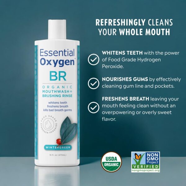 Essential Oxygen Certified BR Organic Brushing Rinse, All Natural Mouthwash for Whiter Teeth, Fresher Breath, and Happier Gums, Alcohol-Free Oral Care, Wintergreen, 16 Ounce