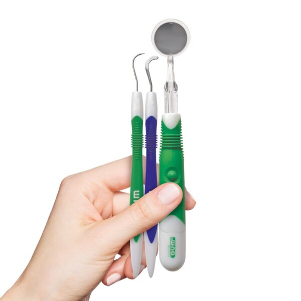 GUM Oral Care Dental Cleaning Kit, Dental Mirror with Light, Explorer Pick, and Dental Scaler, Professional Quality Stainless Steel Dental Tools, Easy-Grip Handle (Pack of 1)