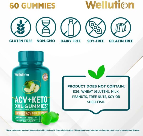 WELLUTION XXL Keto ACV Gummies: 1,000 mg, Sugar-Free, 60 Count, Aiding Digestion & Detox, Boosting Metabolism, Weight Loss Support, Apple-Flavored for Men & Women