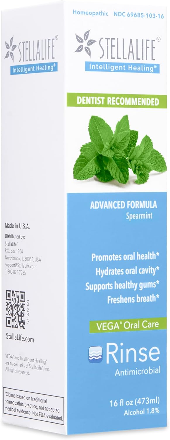 StellaLife Vega Oral Rinse Dry Mouth Mouthwash, Natural Daily Dental Hygiene for Healthy Gums, Fresh Breath, Sugar Free, Xylitol, Advanced Healing for Dental Procedures (Spearmint)
