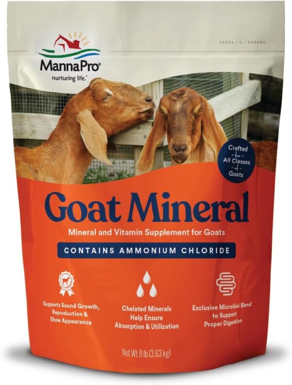 61fK2st5JHL._AC_SL1080_.jpg Manna Pro Goat Mineral Supplement - Made with Vitamins & Minerals to Support Growth & Development - Contains Ammonium Chloride - Microbial Blend for Digestion - 8 lbs