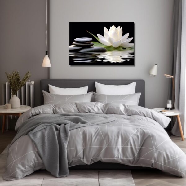 LZIMU Zen Canvas Wall Art White Lotus and Black Zen Stones Bloom in Water Picture Prints for Yoga Spa Meditation Spiritual Room Bathroom Decor (Zen-1, 16"x24")
