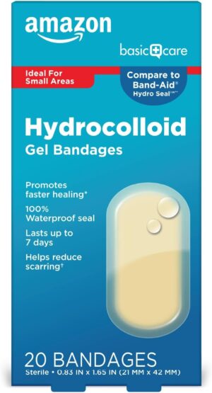 Amazon Basic Care Advanced Fast Healing Hydrocolloid Gel Bandages, 0.83 x 1.65 inches Adhesive Pads (20 Count)