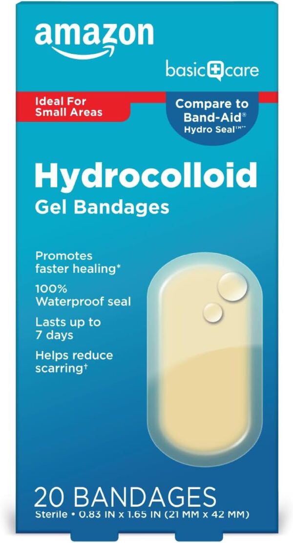 Amazon Basic Care Advanced Fast Healing Hydrocolloid Gel Bandages, 0.83 x 1.65 inches Adhesive Pads (20 Count)