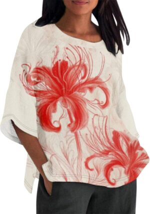 Linen Shirt for Women Crew Neck 3/4 Sleeve Tunic Blouses Casual Loose Fall T-Shirt Tops for Ladies Summer S-5XL