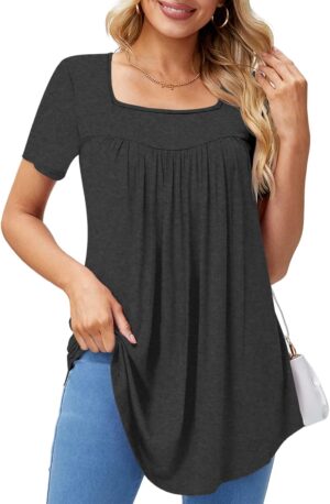 Xpenyo Women's Casual Petal Sleeve Tunic Top Pleated Square Neck Shirts Blouse for Leggings