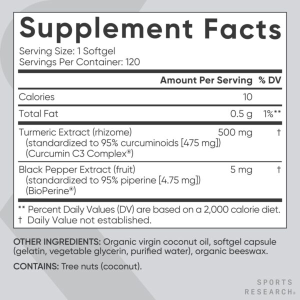 Sports Research Turmeric Curcumin C3 Complex - Softgels with Bioperine Black Pepper Extract & Organic Coconut Oil, Standardized 95% Curcuminoids - Non-GMO Verified & Gluten Free - 500mg, 120 Count