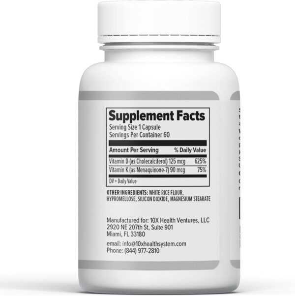 10X Health Vitamin D3 K2 - Loaded with 125 mcg Vitamin D and 90 mcg Vitamin K (Menaquinone 7) - D3 and K2 Supplements That Support Bone Health, Heart and Teeth - 60 Capsules