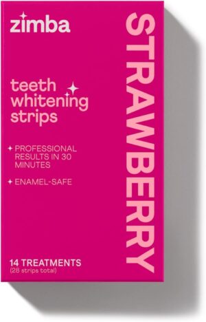 Zimba Strawberry Flavored Teeth Whitening Strips | Vegan, Enamel Safe Hydrogen Peroxide Teeth Whitener for Coffee, Wine, Tobacco, and Other Stains | 14 Day Treatment | Strawberry