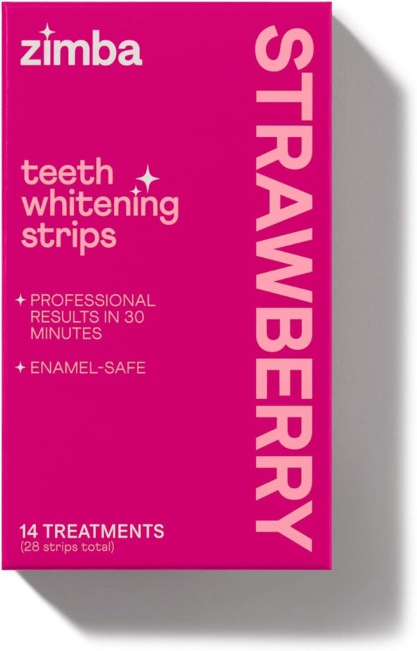 Zimba Strawberry Flavored Teeth Whitening Strips | Vegan, Enamel Safe Hydrogen Peroxide Teeth Whitener for Coffee, Wine, Tobacco, and Other Stains | 14 Day Treatment | Strawberry