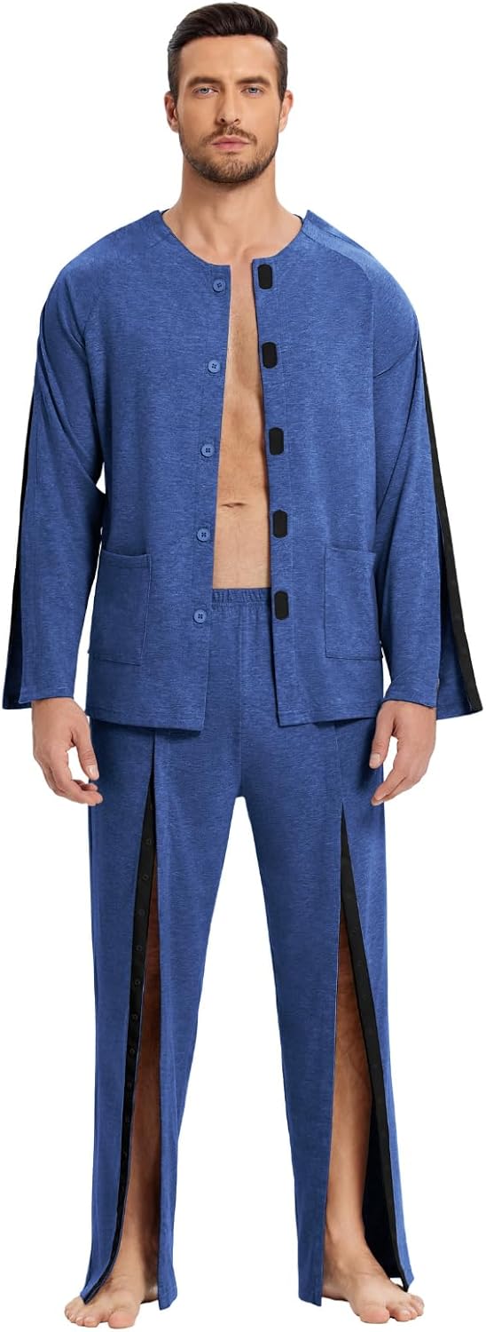 Deyeek Post Shoulder Surgery Shirts for Men Chemo Port Shirts Dialysis Patient Care Tear Away Cotton Pajamas Set