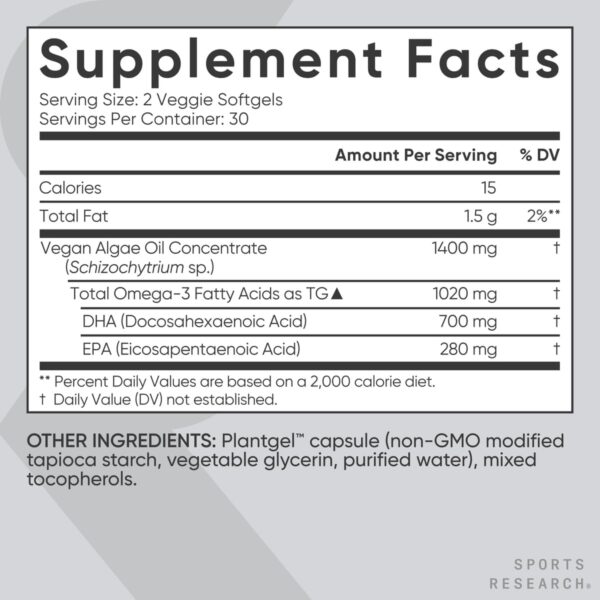 Sports Research Vegan Omega-3 Fish Oil Alternative from Algae Oil - Highest Levels of Vegan DHA & EPA Fatty Acids | Non-GMO Verified & Vegan Certified - Fresh Lemon Scent - 60 Veggie Softgels