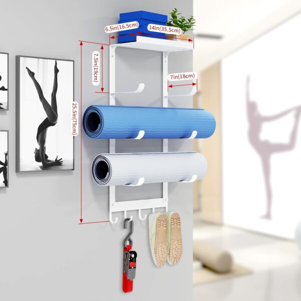 LSK Yoga Mat Holder Wall Mount, White Yoga Mats Storage Rack, Home Gym Storage with Metal Floating Shelf for Storing Fitness, Yoga Mat Rack with 5 Hooks for Hanging Foam Rollers and Resistance Bands