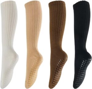 Grip Pilates Socks for Women,4 Pack Long Scrunch Socks, Non-slip Knee High Slouch Yoga Socks,Girl Crew Sticky Socks