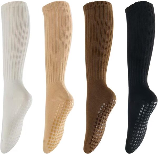 Grip Pilates Socks for Women,4 Pack Long Scrunch Socks, Non-slip Knee High Slouch Yoga Socks,Girl Crew Sticky Socks