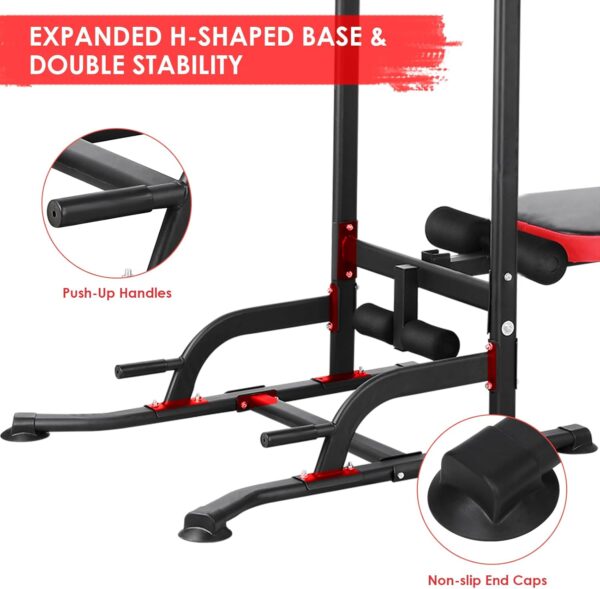 Arlopu Power Tower with Bench, Pull Up Bar Stand, Dip Bar w/Folding Bench 4 Ropes Strength Training, Multi-Function Fitness Equipment for Home Gym, Adjustable Heights and Angles Dip Station, 400LBS