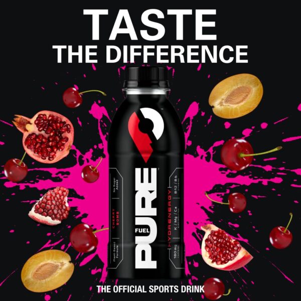 Pure Fuel Healthy Energy Drinks Cherry Bomb - Sports Drinks - Plant Based - 180mg Natural Caffeine - 12pk x 16.9 fl oz