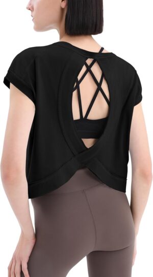 Loovoo Women's Open Back Workout Crop Tops Short Sleeve Yoga Shirts Cute Athletic Running Casual Backless Top Loose Fit