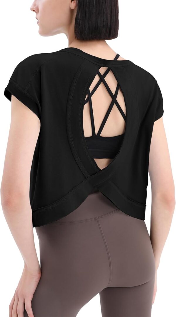 Loovoo Women's Open Back Workout Crop Tops Short Sleeve Yoga Shirts Cute Athletic Running Casual Backless Top Loose Fit