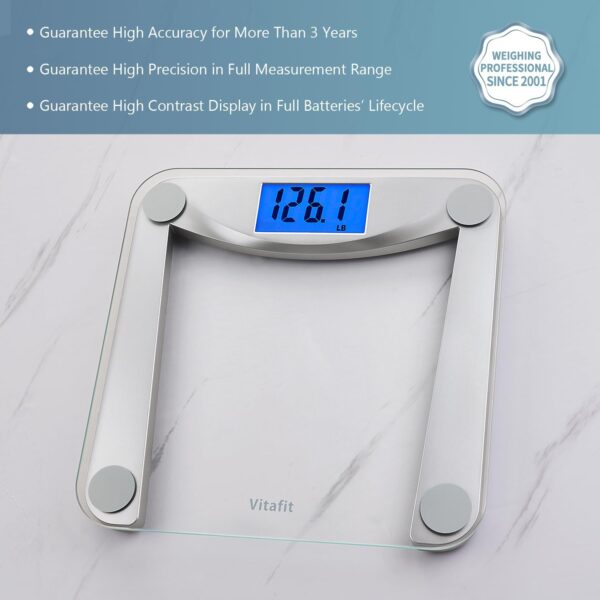 Vitafit Digital Bathroom Weight Scale for Body Weight, High Accuracy Assured by Weighing Professional Since 2001,Extra Large Blue Backlit LCD and Step-On, 400lb/180kg, Clear Glass