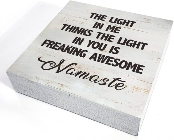 Namaste Quote the Light in Me Thinks the Light in You Wood Box Sign Rusitc Wooden Box Sign Yoga Meditation Room Desk Shelf Decor (5 X 5 Inch)