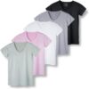 Real Essentials 5 Pack: Women's Short Sleeve V-Neck Activewear T-Shirt Dry-Fit Wicking Yoga Top (Available in Plus)