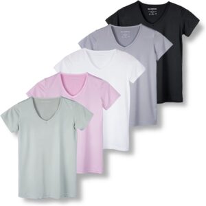 Real Essentials 5 Pack: Women's Short Sleeve V-Neck Activewear T-Shirt Dry-Fit Wicking Yoga Top (Available in Plus)