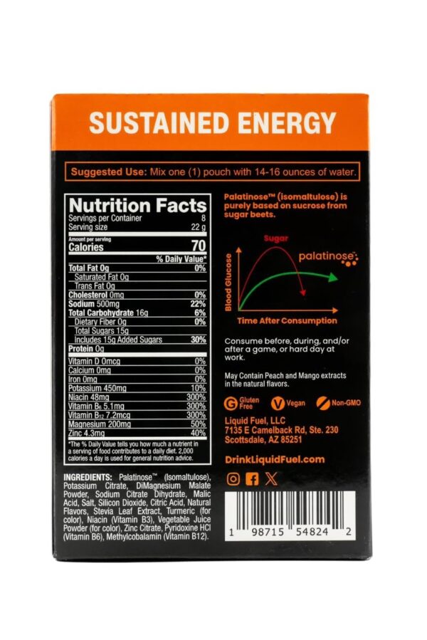 LiquidFuel Sports & Hydration Electrolyte Drink Mix | Electrolyte Powder Hydration Mix from Sugar Beets | Palatinose, Gluten Free, Vegan, Non-GMO Electrolytes Powder | 8 Individual Hydration Packets