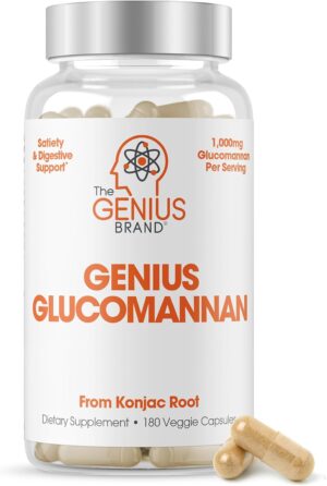 The Genius Brand - Genius Glucomannan 1,000mg Per Serving, 180 Capsules - Natural Fiber Source, Supports Regularity, Healthy Weight Management, Digestive Support, Non-GMO, Gluten Free