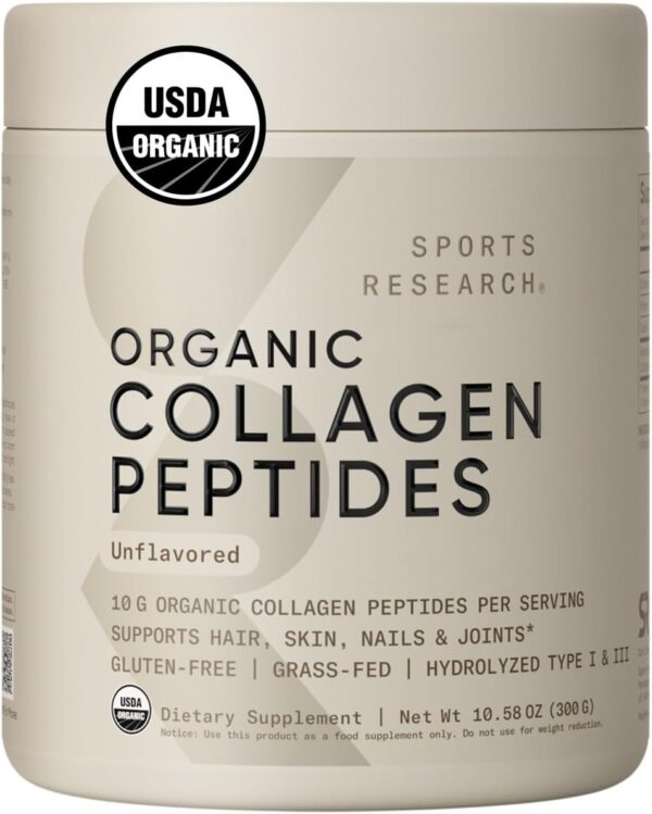 Sports Research­® Organic Collagen Peptides - Hydrolyzed Type I & III Collagen Protein Powder Made Sustainably from Grass-Fed Cows - Unflavored - 30 Servings