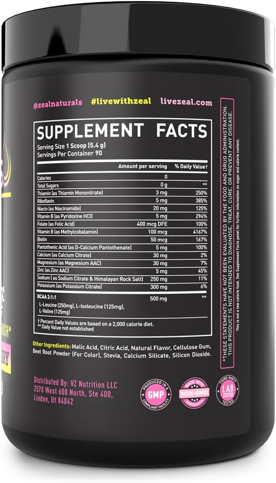 Zeal Naturals Electrolyte Powder Recovery Drink (90 Servings | Lemon Berry) w/ 0 Sugar +BCAAs +B-Vitamins Electrolyte Supplement w Potassium Zinc & Magnesium for Hydration - Keto Electrolytes