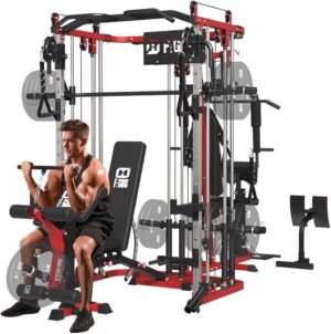 All in One Home Gym System Workout Station, Multi-Function Smithe Machine Power Cage with Cable Crossover System, Tripe-Sided Independent Load Posts, Functional Trainer for Full Body Training