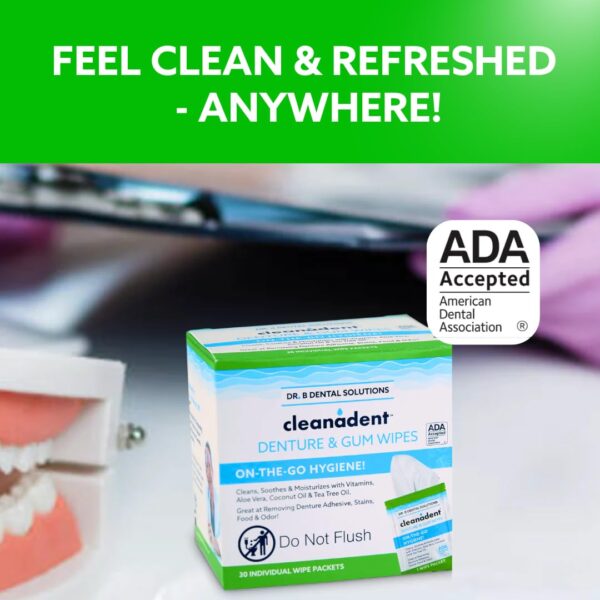 Dr. B Dental Solutions Cleanadent Wipes - Convenient Denture Cleaning Wipes, Refreshes Gums, No Artificial Colors/Flavors - 30 Pack