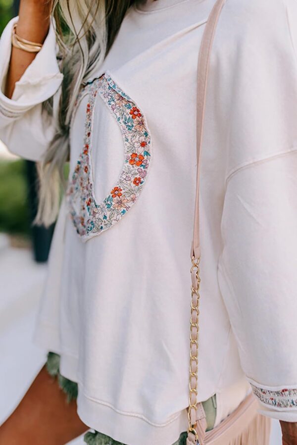 KevaMolly Womens Long Sleeve Tops Floral Peace Symbol Drop Shoulder Sweatshirt Crewneck Casual Pullover Top