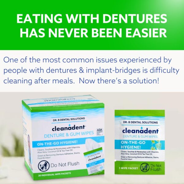 Dr. B Dental Solutions Cleanadent Wipes - Convenient Denture Cleaning Wipes, Refreshes Gums, No Artificial Colors/Flavors - 30 Pack