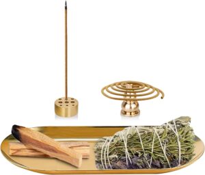 Incense Holder 5.5 inches, 5 in 1 Incense Burner, Palo Santo Holder, Sage Holder, Long Incense Holder for Sticks/Coil Incense/Incense Cones, Brass Insence Sticks Holder, Yoga Meditation Accessories