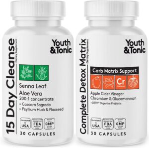 Youth & Tonic 15 Day Cleanse & Carb Matrix Support for Bloating, Gut & Metabolism Health, Break The Plateau, Feel Lighter & Energized, Colon Cleanser & Detox with ACV, Glucomannan, Chromium, 60 Pills