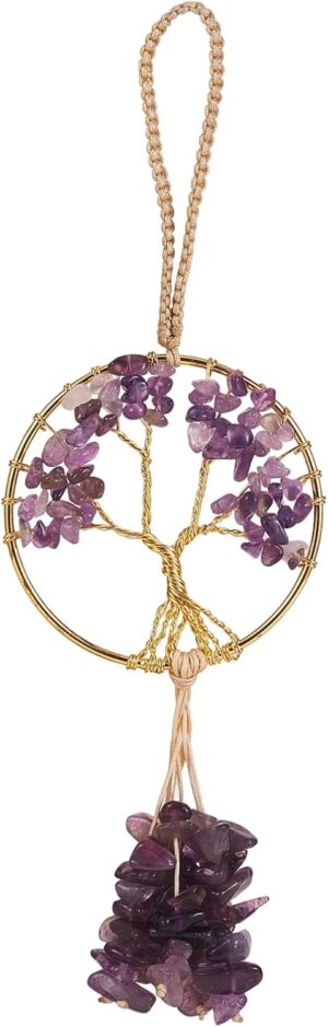Healing Crystal Ornament Tree of Life Natural Amethyst Tree of Life Charm Car Mirror Accessories Hippie Boho Interior Room Wall Decoration Meditation Good Luck Decoration